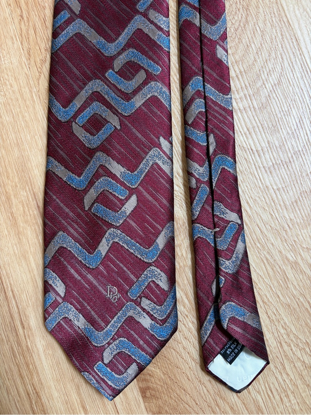 Christian Dior vintage Monsieur Burgundy Red Geometric Tie Blue Gray Accents